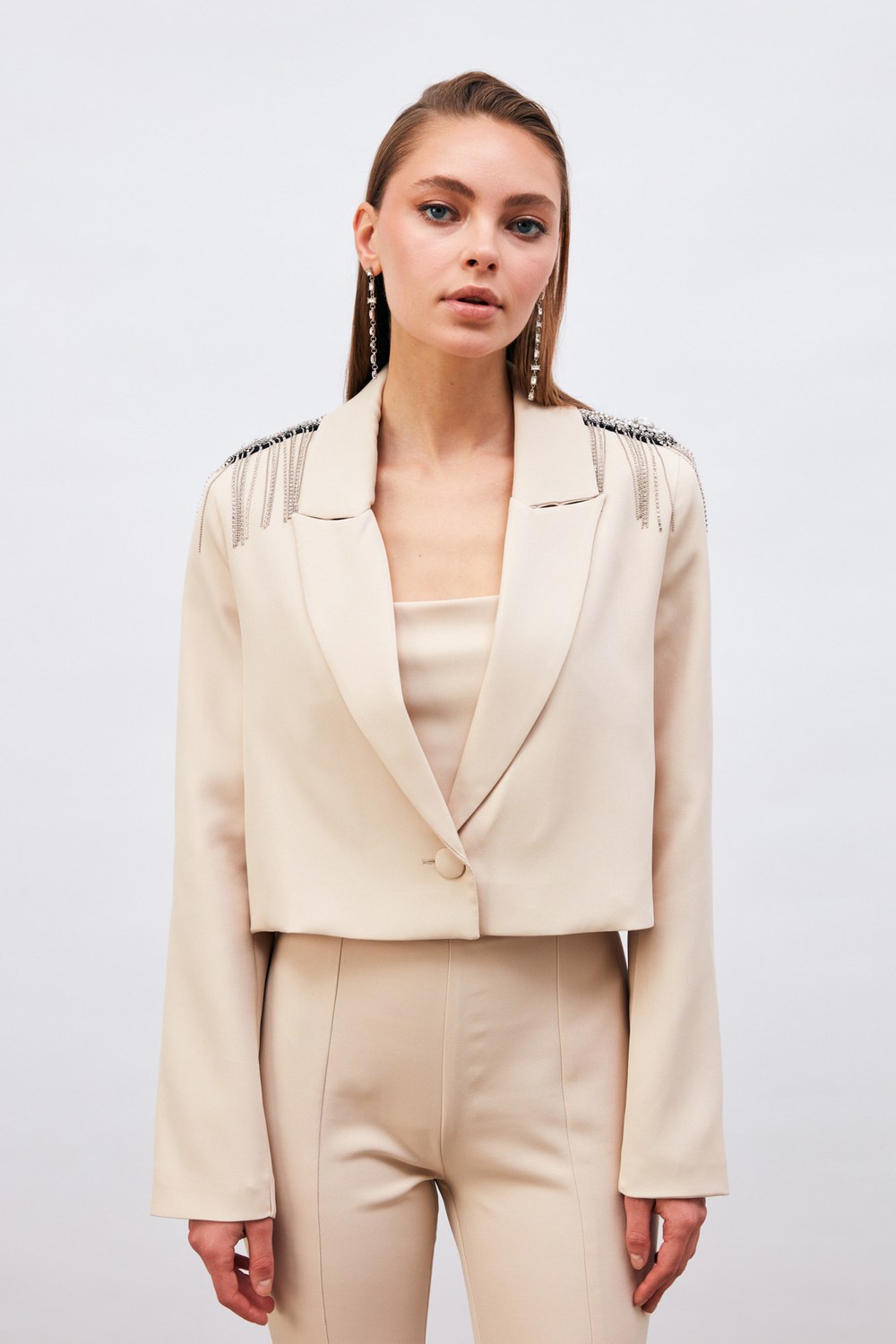 Aksesuarlı Crop Ceket - Bej