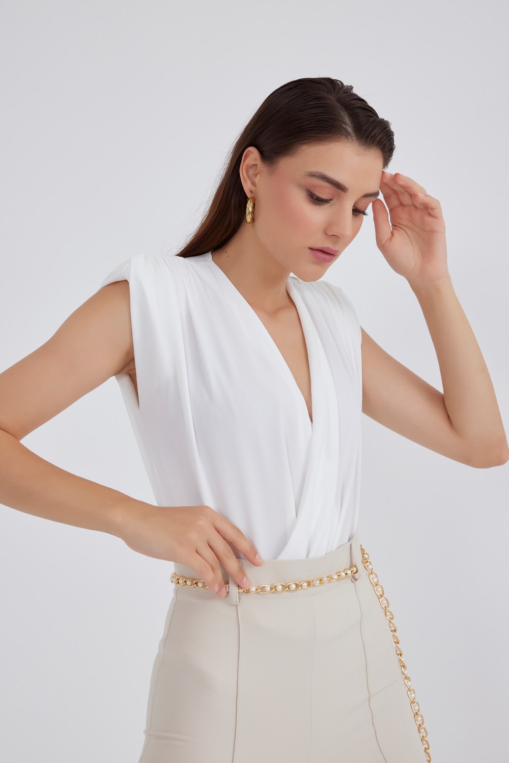 Anvelop Yaka Vatkalı Bodysuit - Ekru