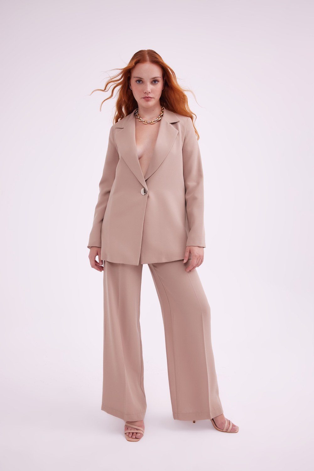 Wide Leg Krep Pantolon - Bej