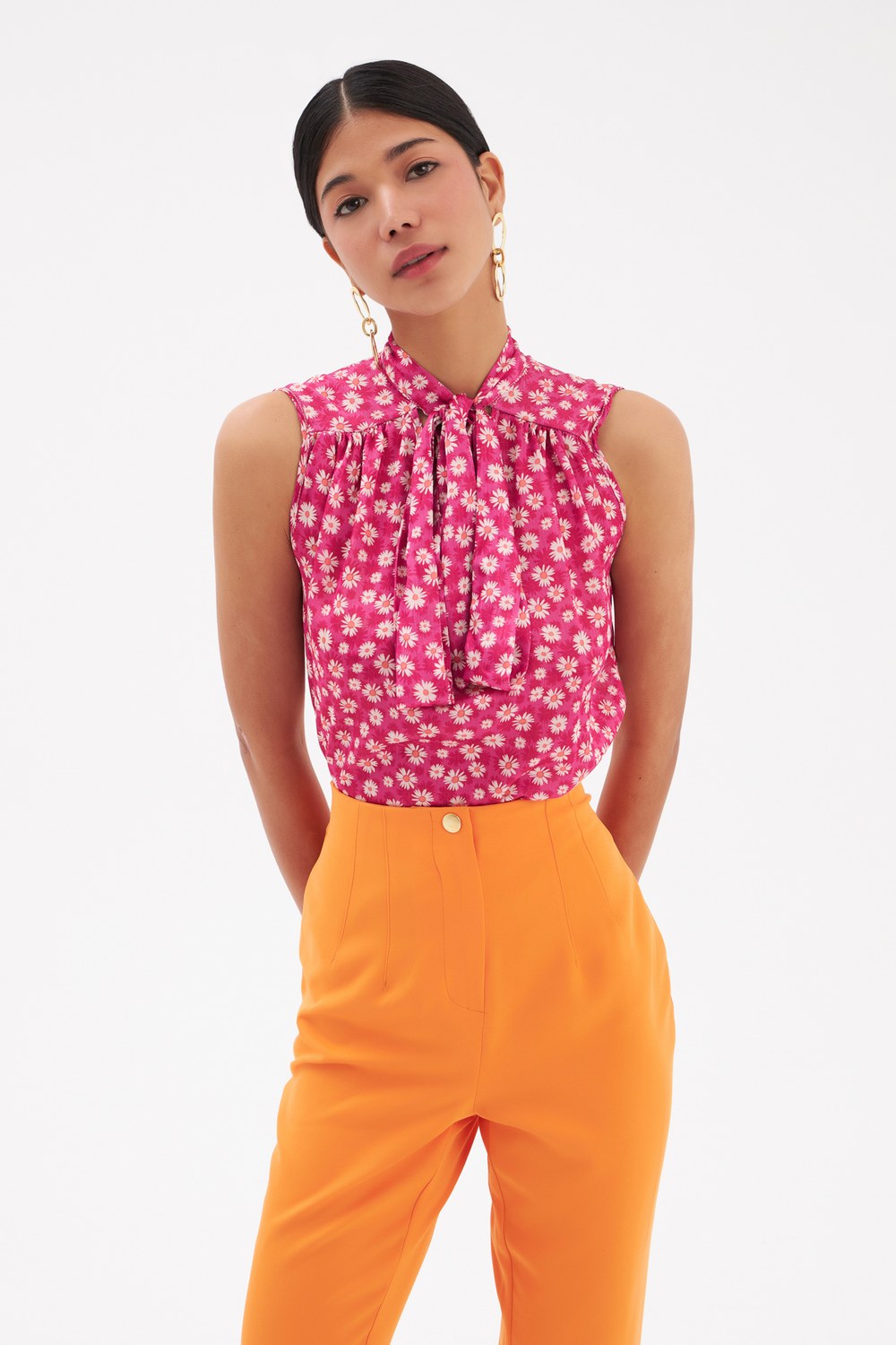 Fular Yaka Desenli Bluz - Fuşya