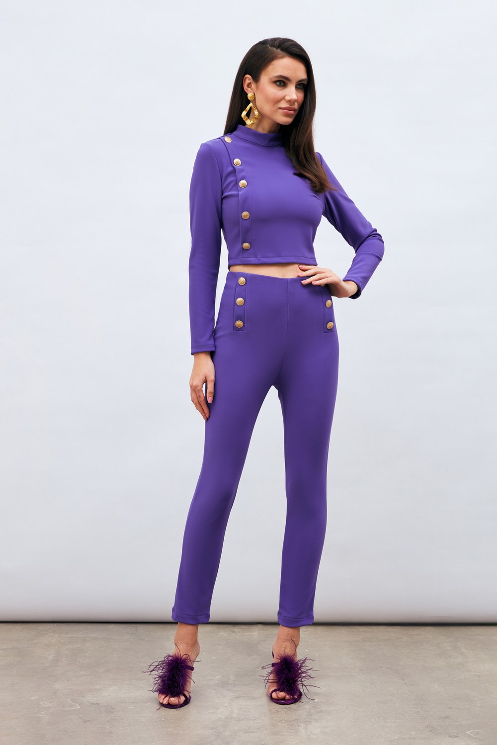 Düğme Detaylı Pantolon - Mor