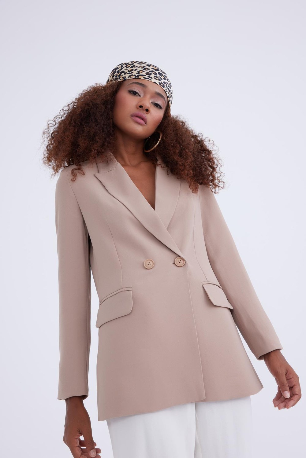 Kruvaze Krep Blazer Ceket - Bej