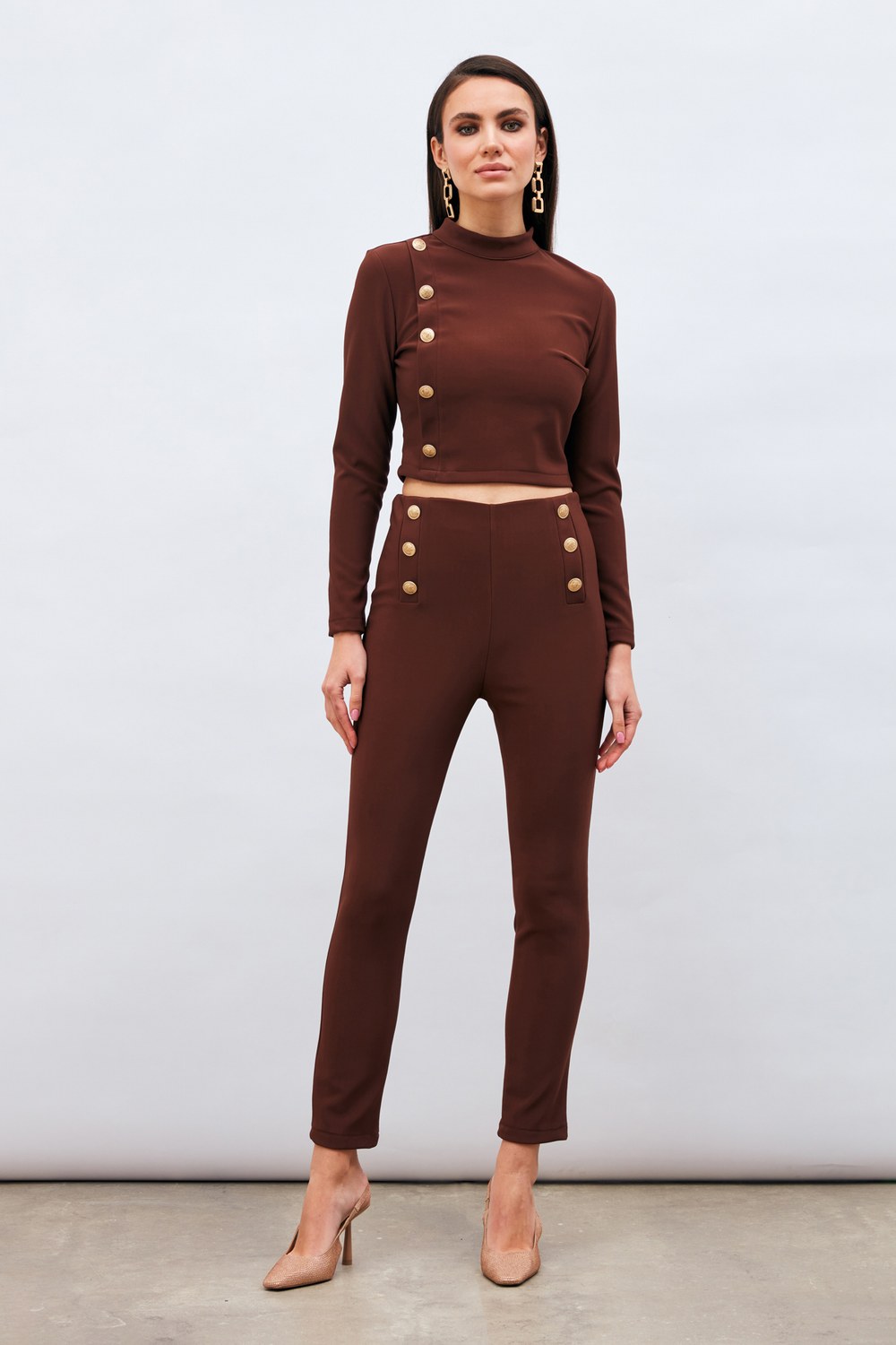 Düğme Detaylı Pantolon - Kahve