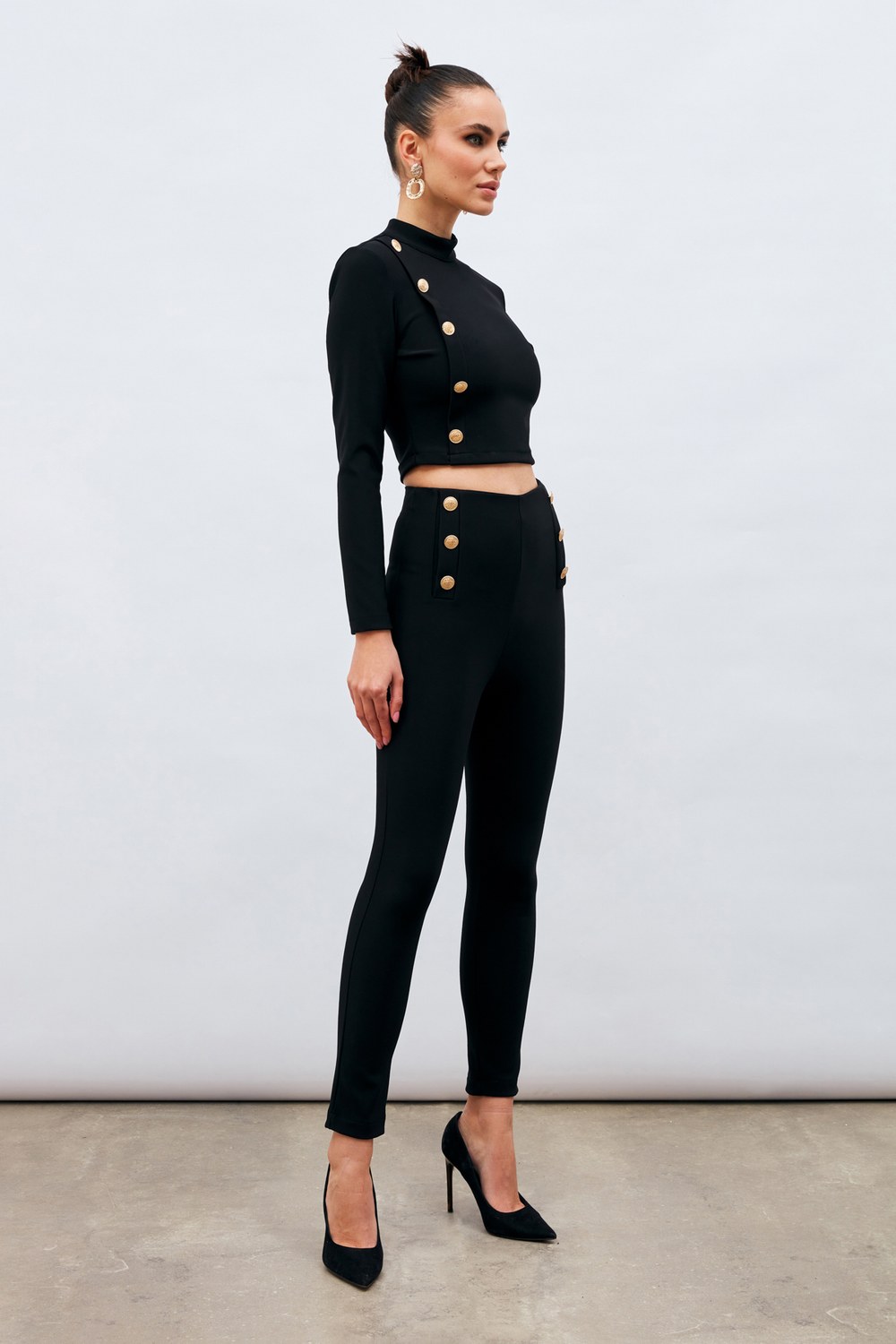 Düğme Detaylı Pantolon - Siyah