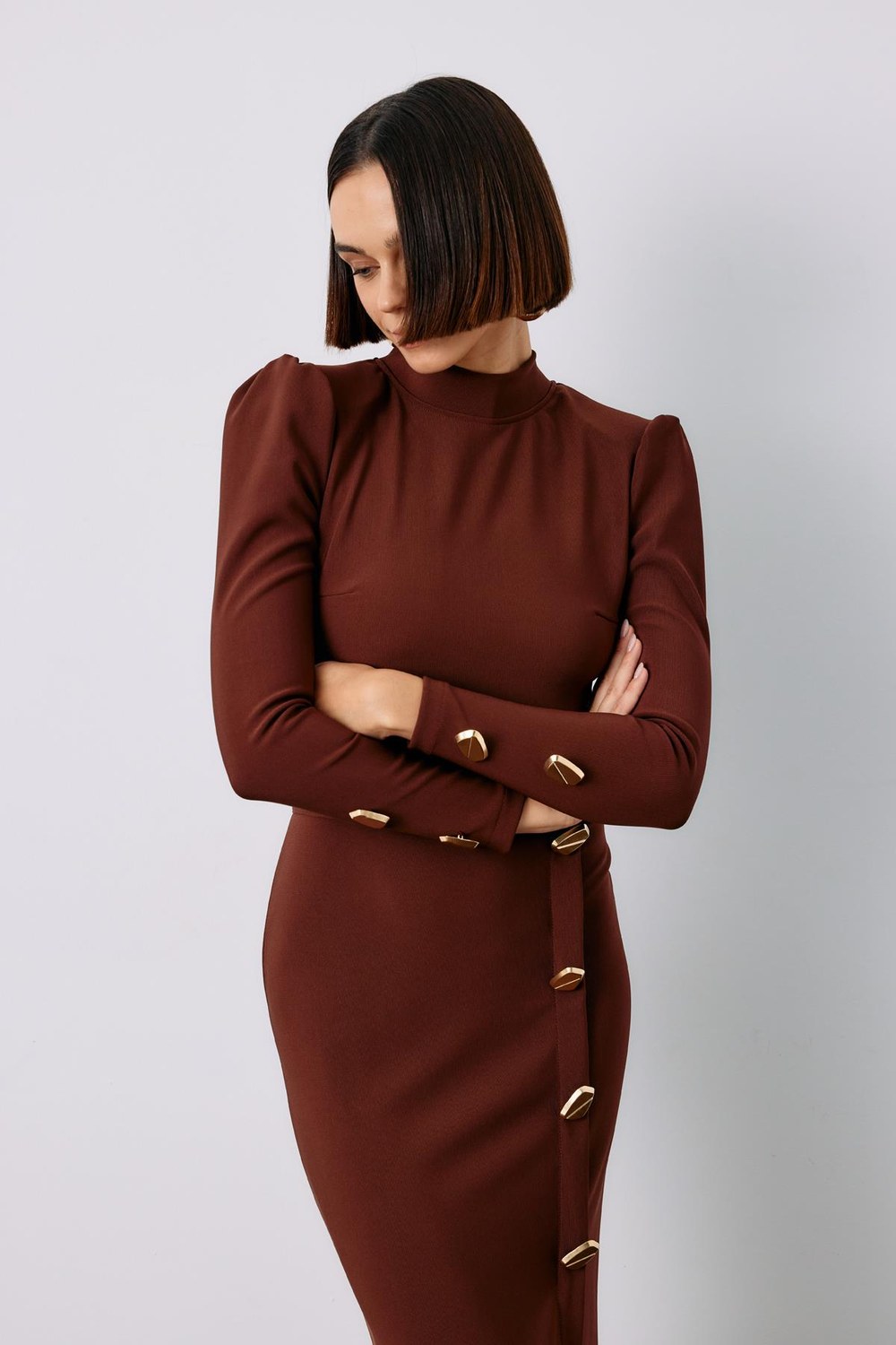 Düğme Detaylı Crop Bluz - Kahve