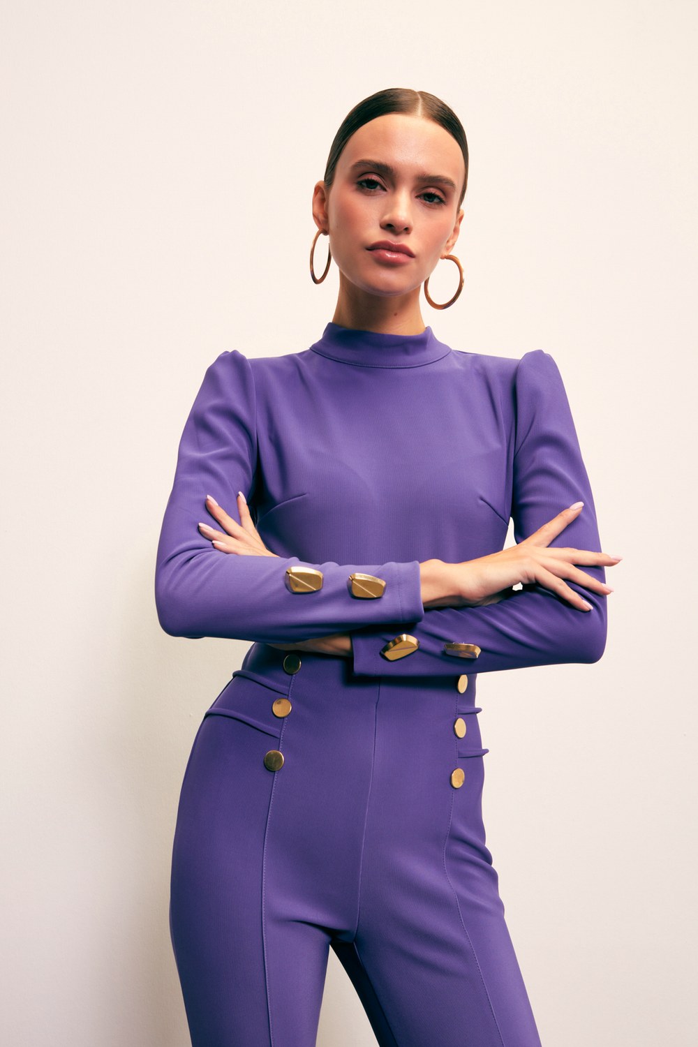 Düğme Detaylı Crop Bluz - Mor