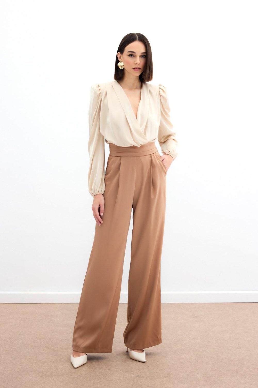 Cepli Salaş Saten Pantolon - Camel