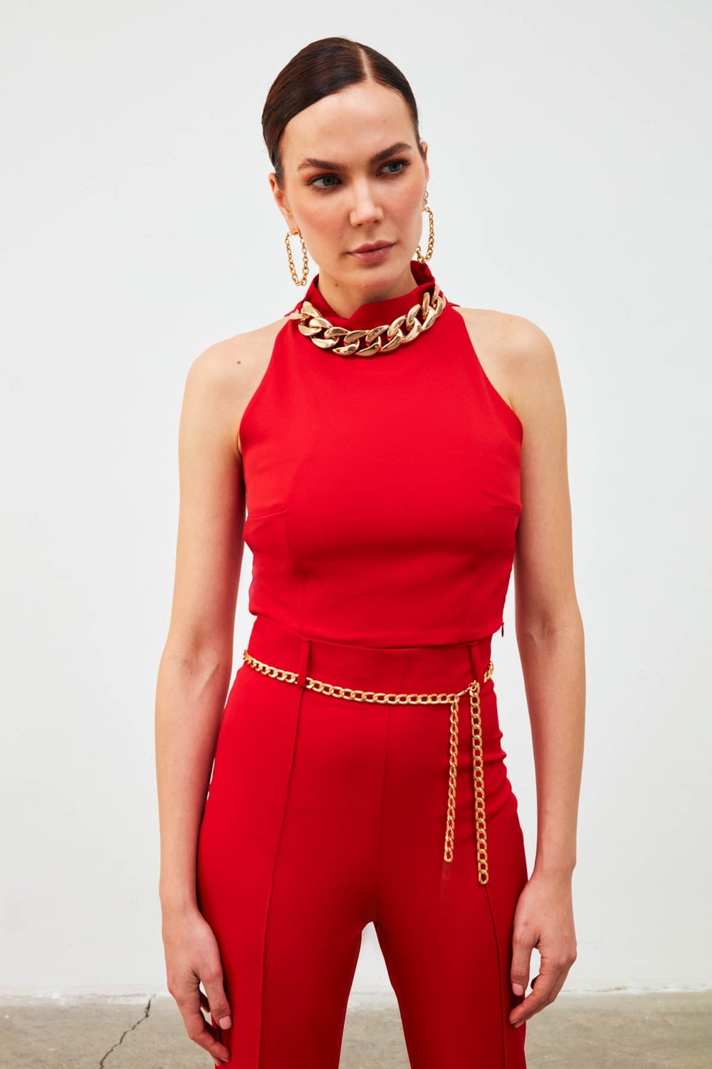 Zincir Aksesuarlı Crop Bluz - Kırmızı