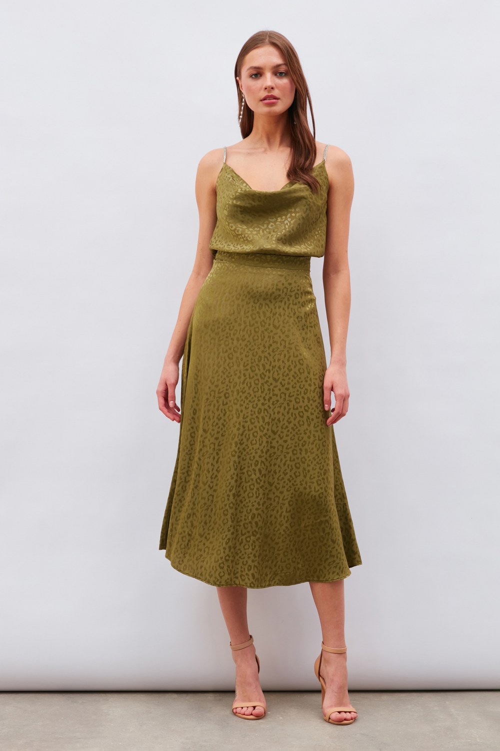 Leopar Desenli Midi Saten Etek - Haki