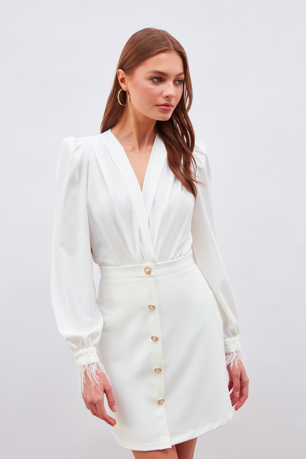 Kol Tüy Detaylı Bodysuit Bluz - Ekru