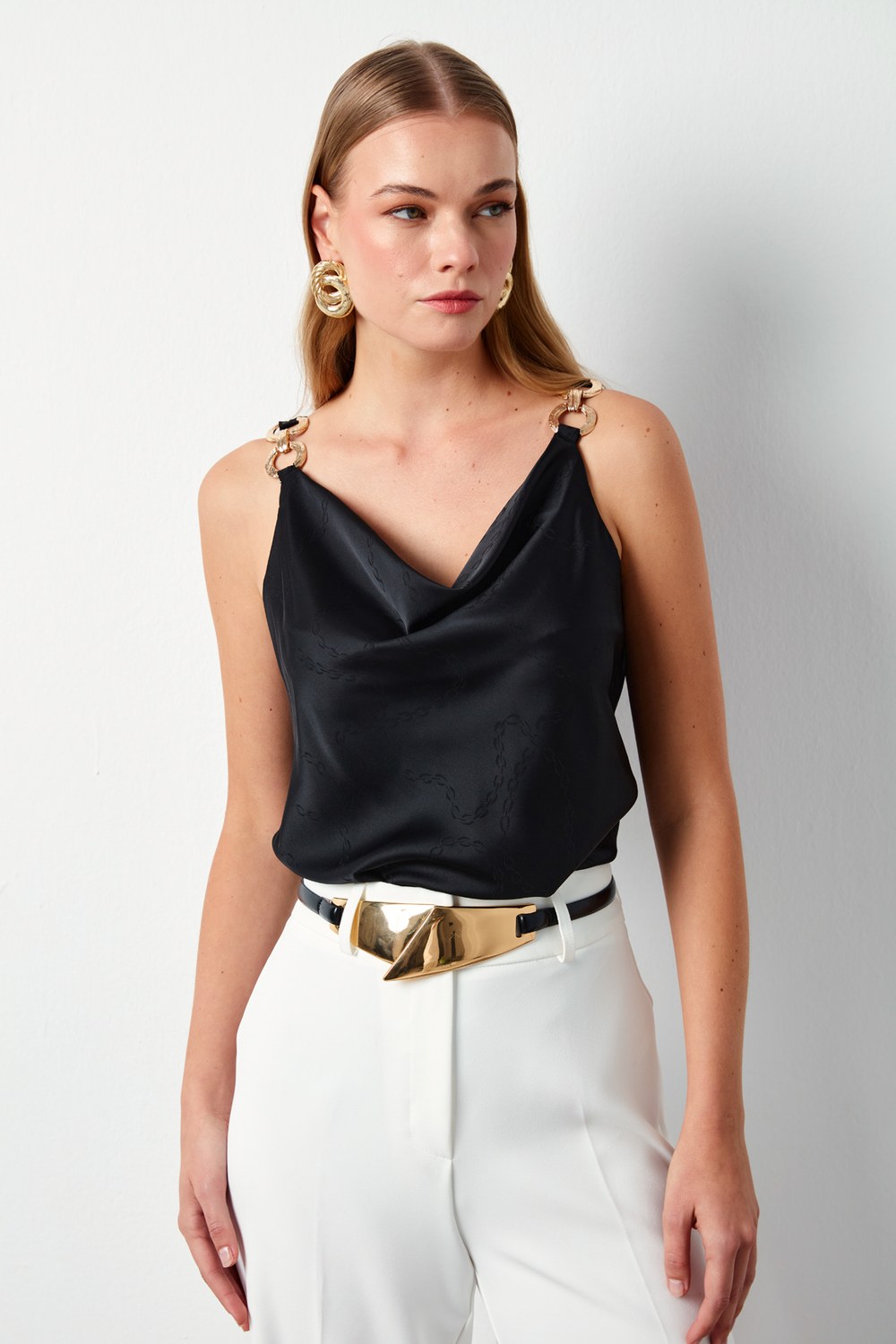 Degaje Yaka Desenli Bluz - Siyah