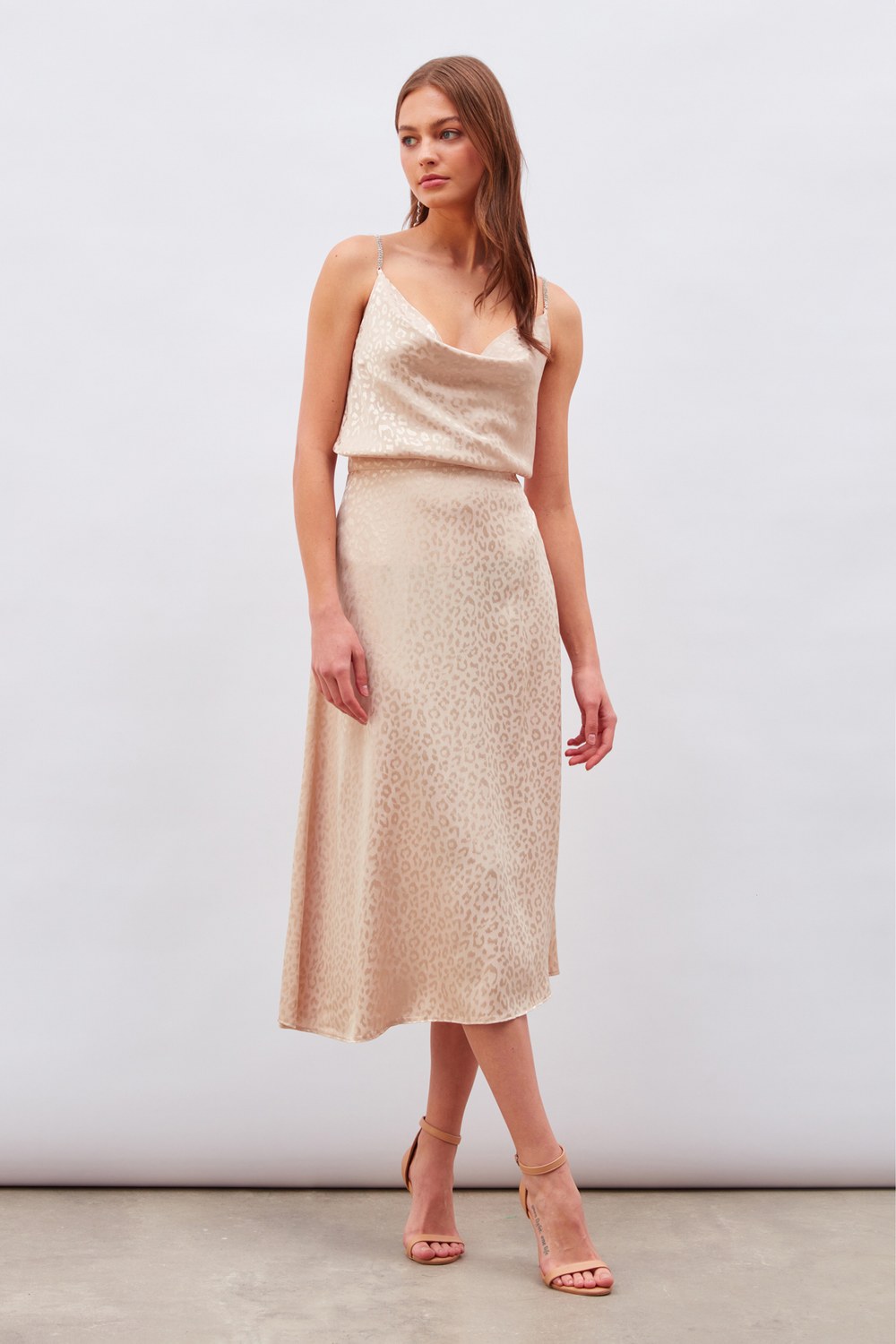 Leopar Desenli Midi Saten Etek - Bej