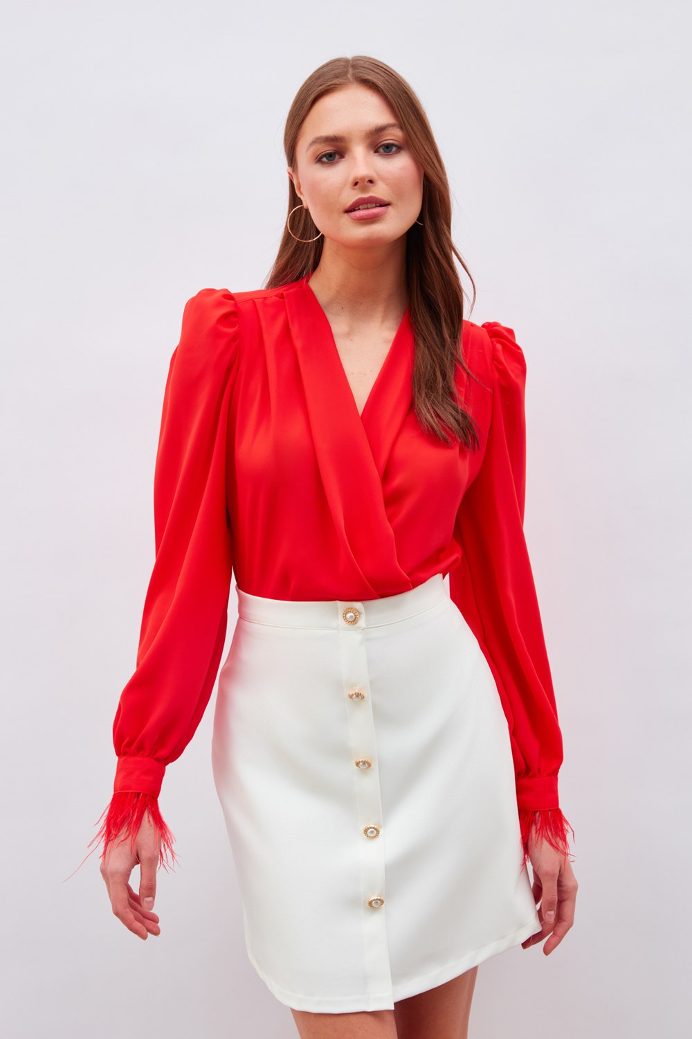 Kol Tüy Detaylı Bodysuit Bluz - Mercan