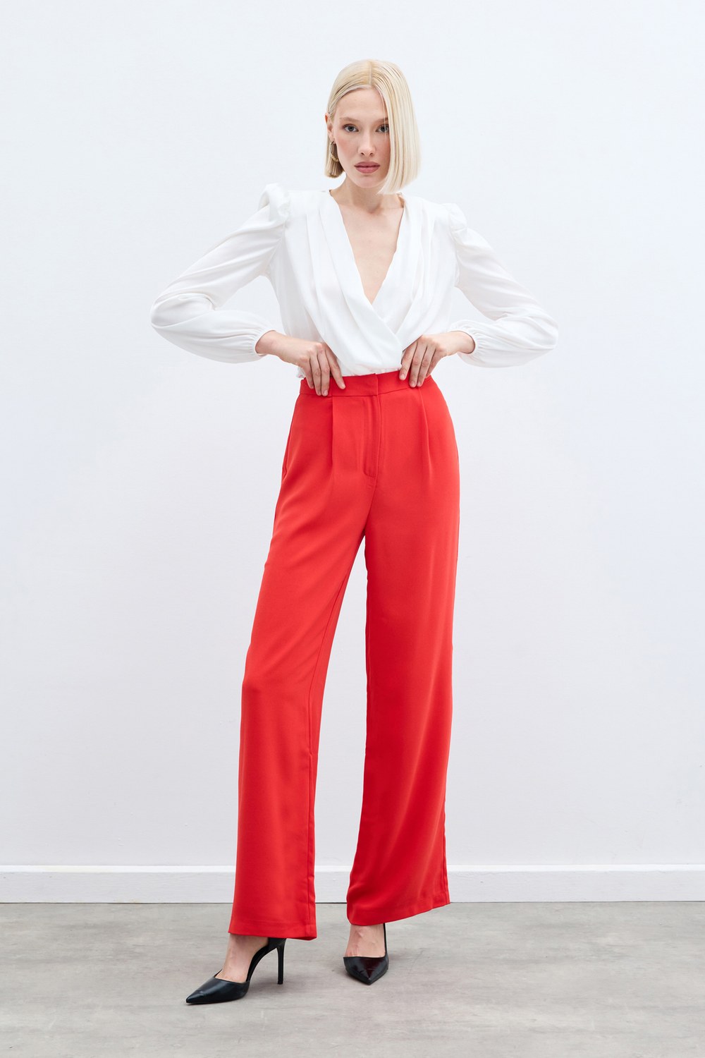 Pileli Krep Pantolon - Mercan