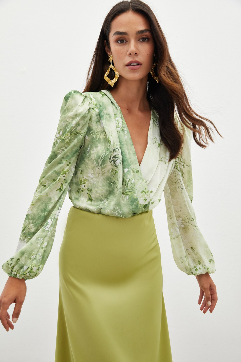 Çiçek Desenli Bodysuit Bluz - Çağla Yeşili