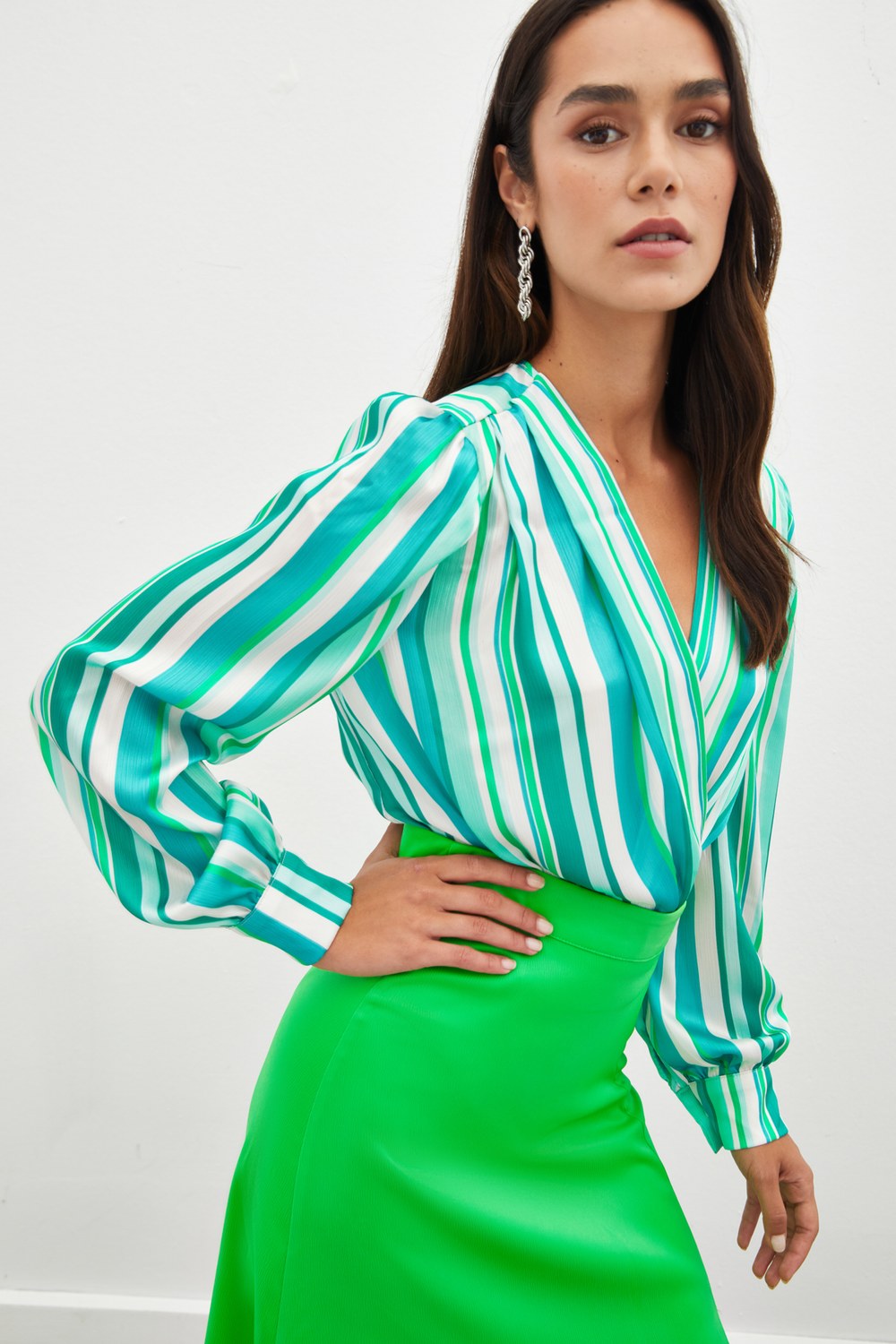 Çizgili Bodysuit Bluz - Çağla Yeşili
