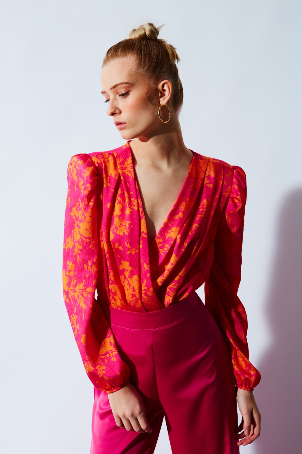 Desenli Kruvaze Bodysuit Bluz - Fuşya