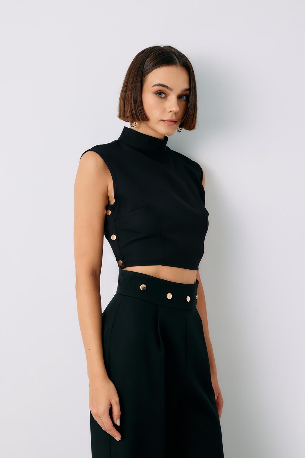Çıt Çıt Detaylı Crop Bluz - Siyah