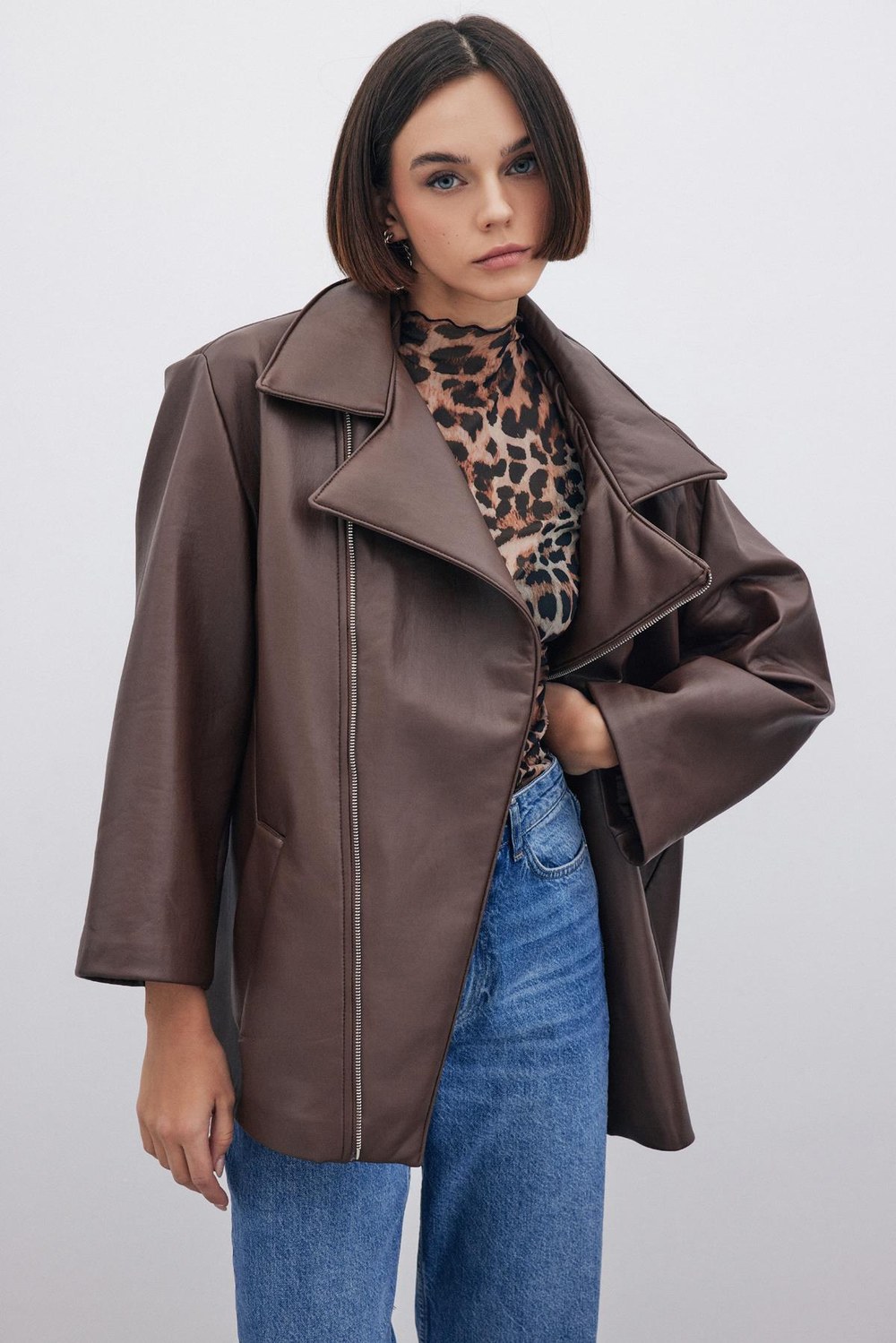 Oversize Deri Ceket - Kahve