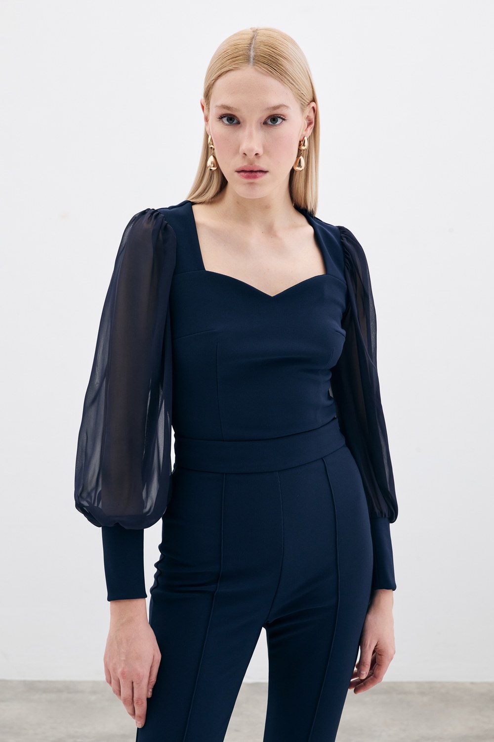 Balon Kol Crop Bluz - Lacivert