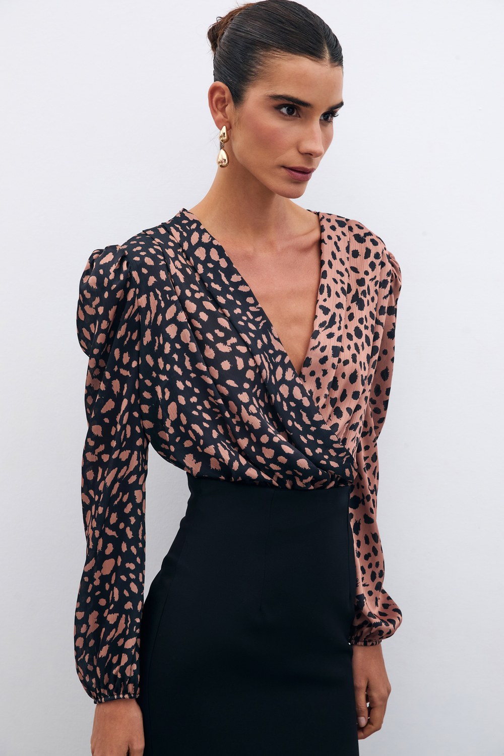 Kruvaze Desenli Bodysuit - Siyah-Camel
