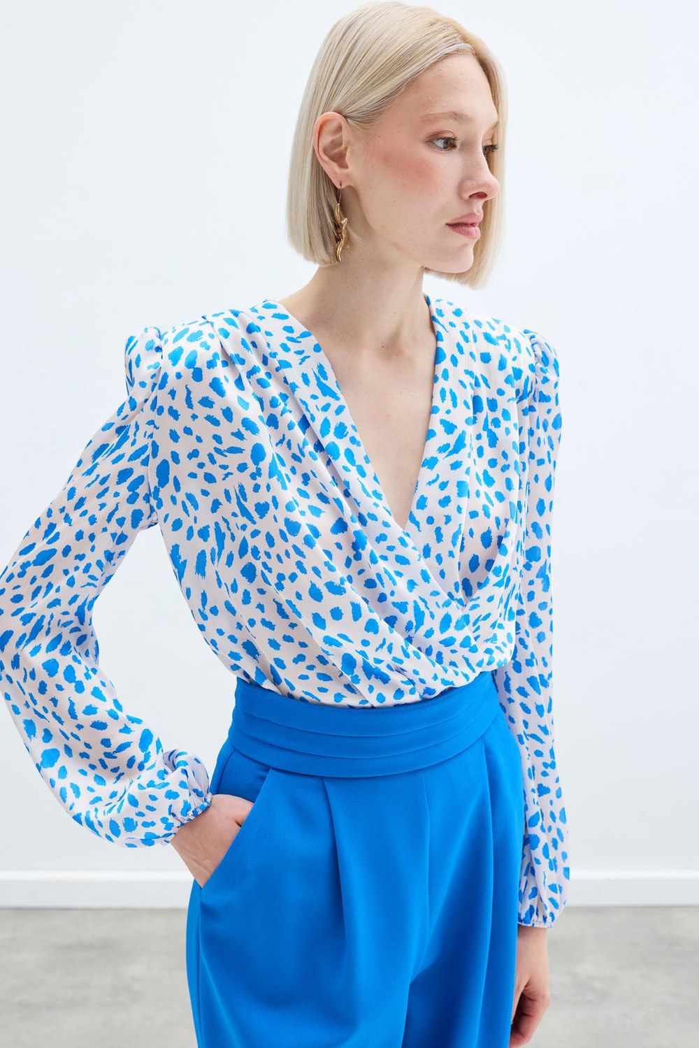 Kruvaze Desenli Bodysuit - Lacivert