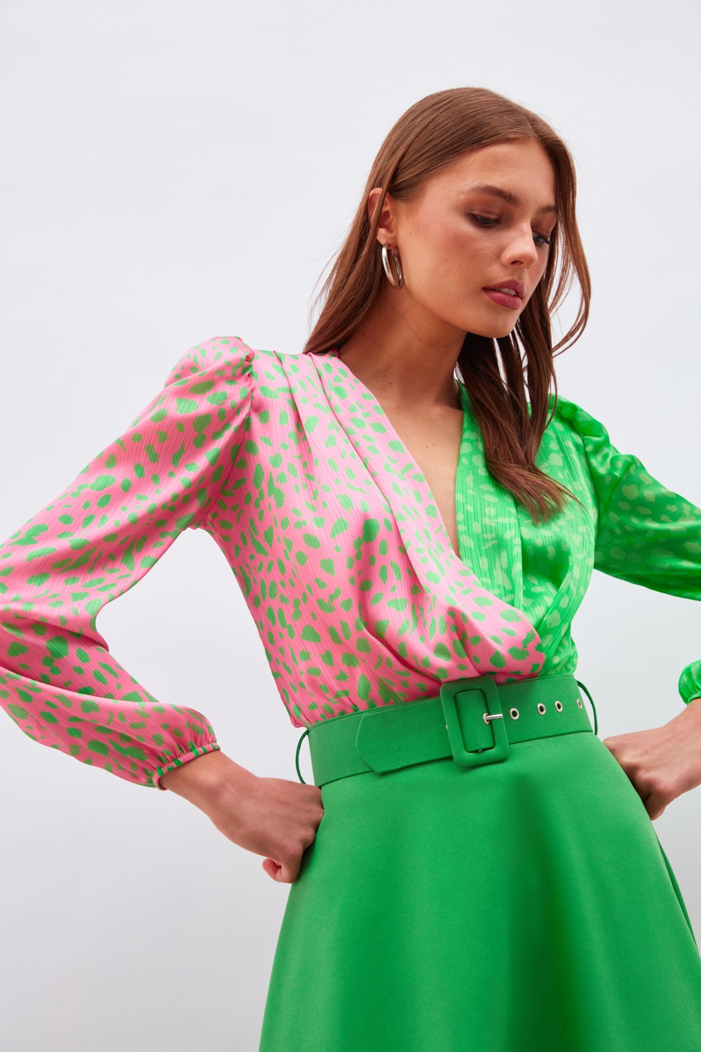 Kruvaze Desenli Bodysuit - Pembe-Yeşil