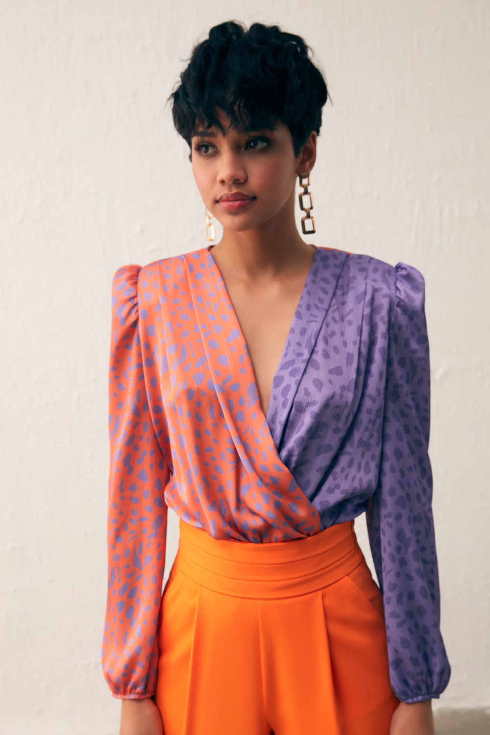 Kruvaze Desenli Bodysuit - Oranj-Lila