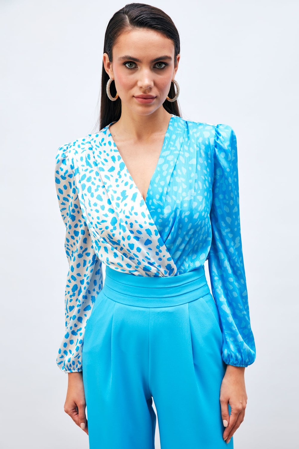 Kruvaze Desenli Bodysuit - Mavi-Ekru
