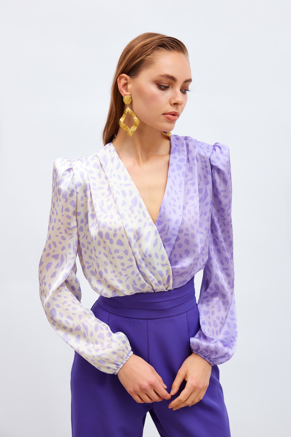 Kruvaze Desenli Bodysuit - Lila-Ekru