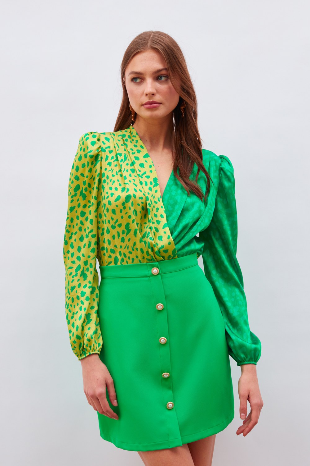 Kruvaze Desenli Bodysuit - Sarı-Açık Yeşil
