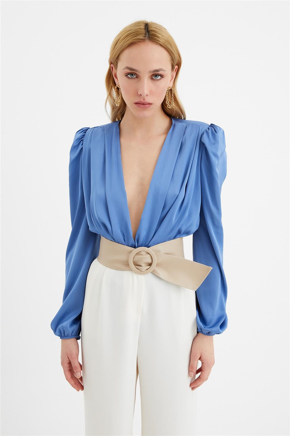 Kruvaze Saten Bodysuit Bluz - Mavi