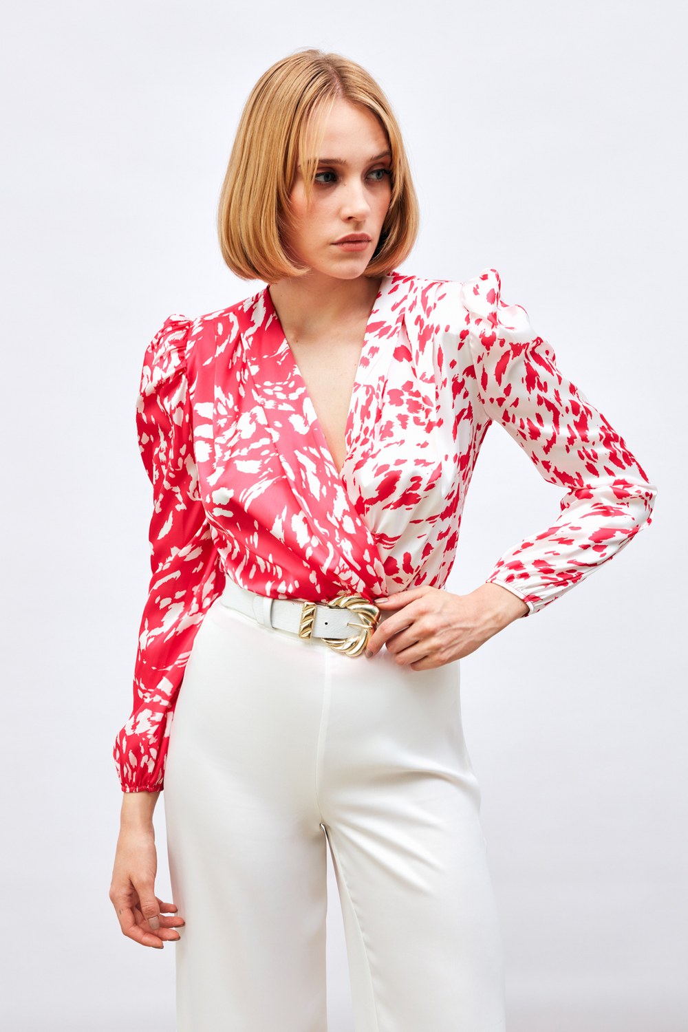 Desenli Kruvaze Bodysuit Bluz - Fuşya
