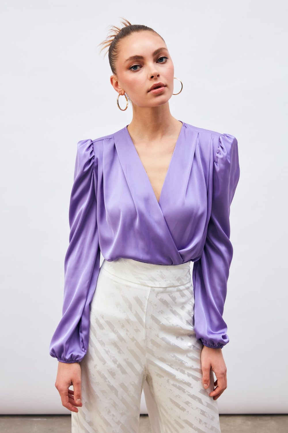 Kruvaze Saten Bodysuit Bluz - Lila