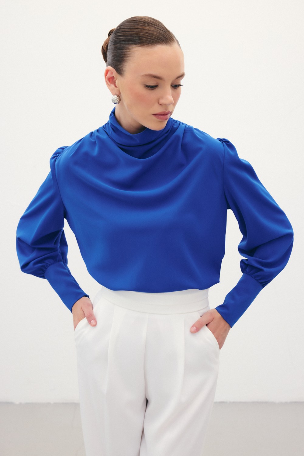 Drape Detaylı Bluz - Sax Mavi