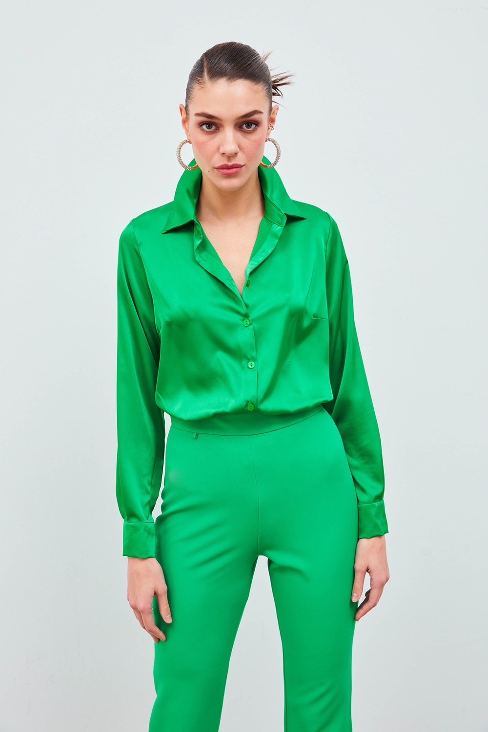 Gömlek Yaka Saten Bodysuit Bluz - Yeşil