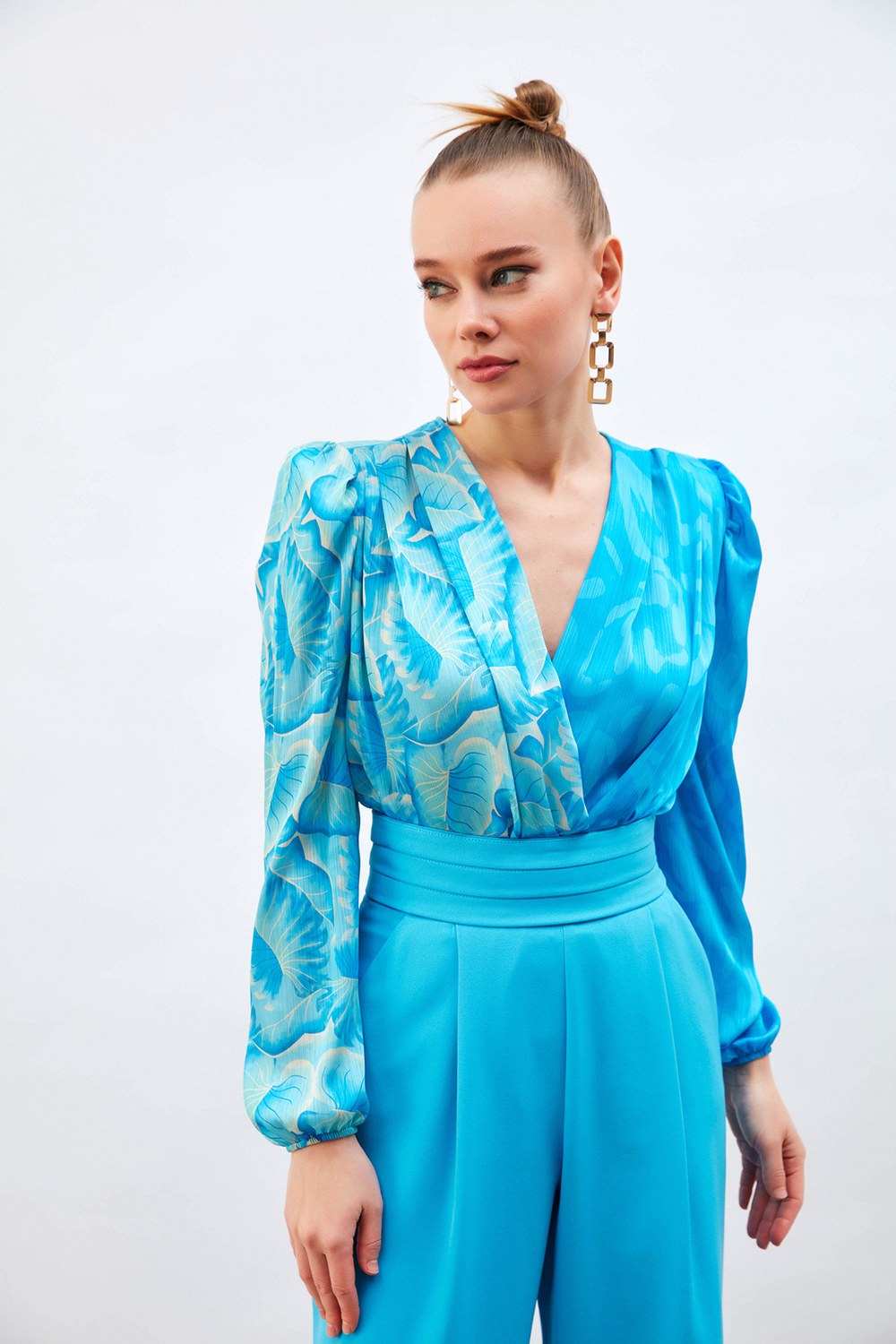 Kruvaze Desenli Bodysuit Bluz - Mavi