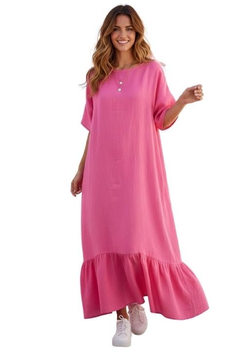 Kısa Kol Pamuk Keten Elbise-Pembe