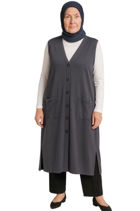 Uzun Glorya Yelek Anne Model-Gri