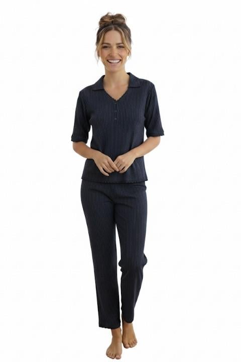 Düğmeli Kısa Kol Kadın Pijama Takımı-Siyah