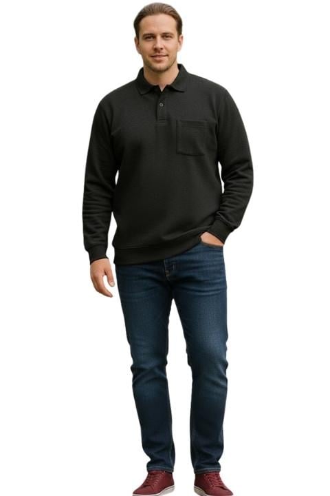 Erkek Selanik Kumaş Polo Yaka Cepli Sweat - Siyah