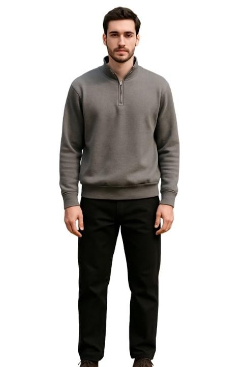 Selanik Kumaş Yarım Fermuarlı Erkek Sweatshirt-Gri