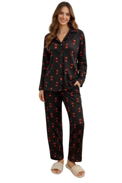 Kadın Düğmeli Pijama Takımı - Siyah