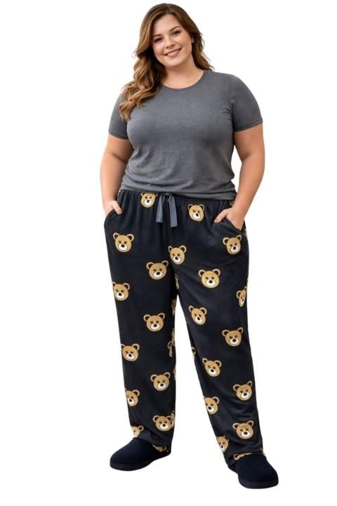 Kadın Battal Ayıcıklı Süet Pijama Altı - Siyah