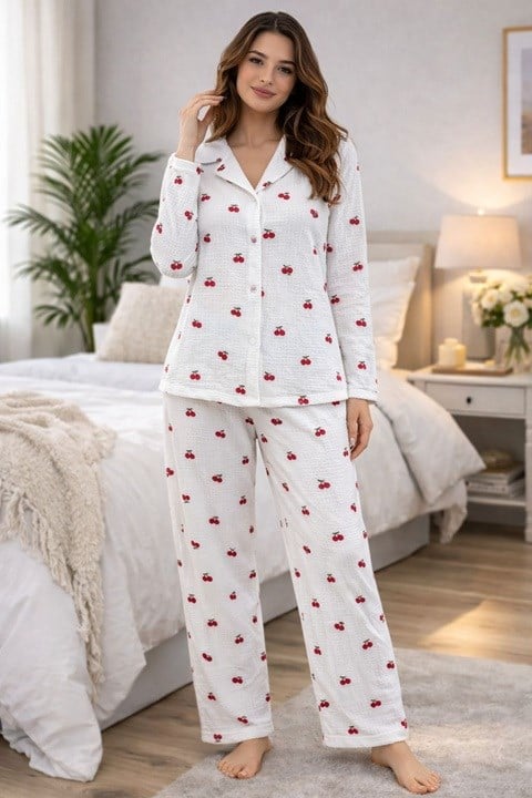Kadın Bürümcük Düğmeli Pijama Takımı