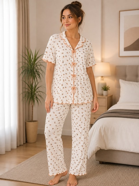 Kadın Viskon Kaşkorse Kurdeleli Kısa Kol Pijama Takımı