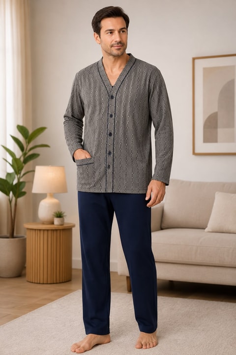 Erkek uzun Kol Düğmeli Pijama Takımı - Hfz