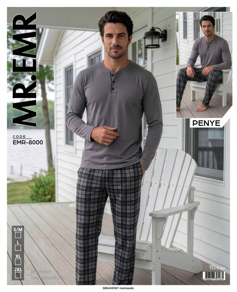 Mr-Emr 8000 (m-L-Xl-Xxl) Penye Uzun Kollu Erkek Pijama Takımı 4'lü