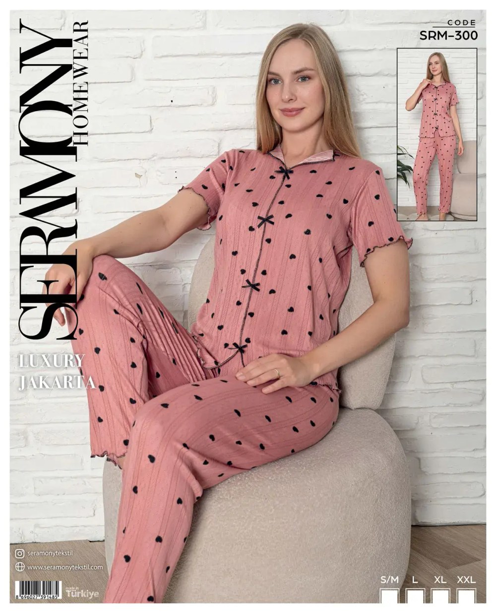 Seramony 300 (s-M-L-Xl-Xxl) Bayan Jakarlı Fiyonklukısa Kollu Pijama Takımı 4'lü