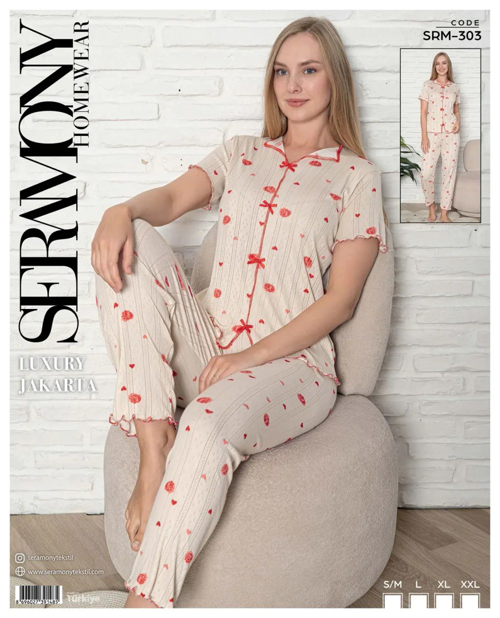 Seramony 303 (s-M-L-Xl-Xxl) Bayan Jakarlı Fiyonklukısa Kollu Pijama Takımı 4'lü